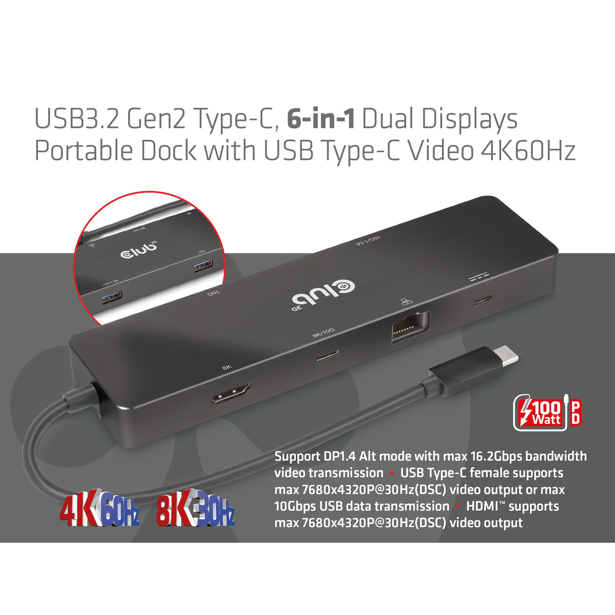 CLUB3D CSV-1584 Station d'accueil USB 3.2 Gen 2 Type-C, Noir