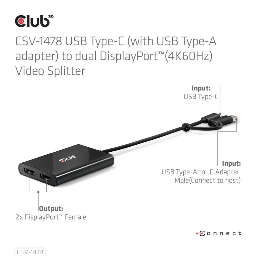 CLUB3D CSV-1478 Répartiteur Vidéo USB Type-C vers 2x DisplayPort 4K UHD