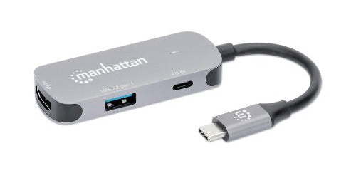 Manhattan Dock/hub USB-C, 3 ports : HDMI, USB-A, USB-C, avec Power Delivery (PD) 100 W - nécessite un chargeur USB-C externe (non inclus). Alimenté par USB (aucune alimentation externe requise) lorsque le PD n’est pas utilisé, aluminium