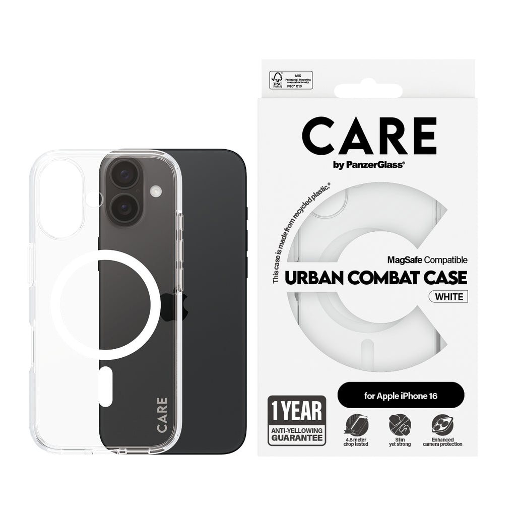 PanzerGlass CARE™ by ® Urban Combat Case Transparent w. White MagSafe iPhone 16 coque de protection pour téléphones portables Housse