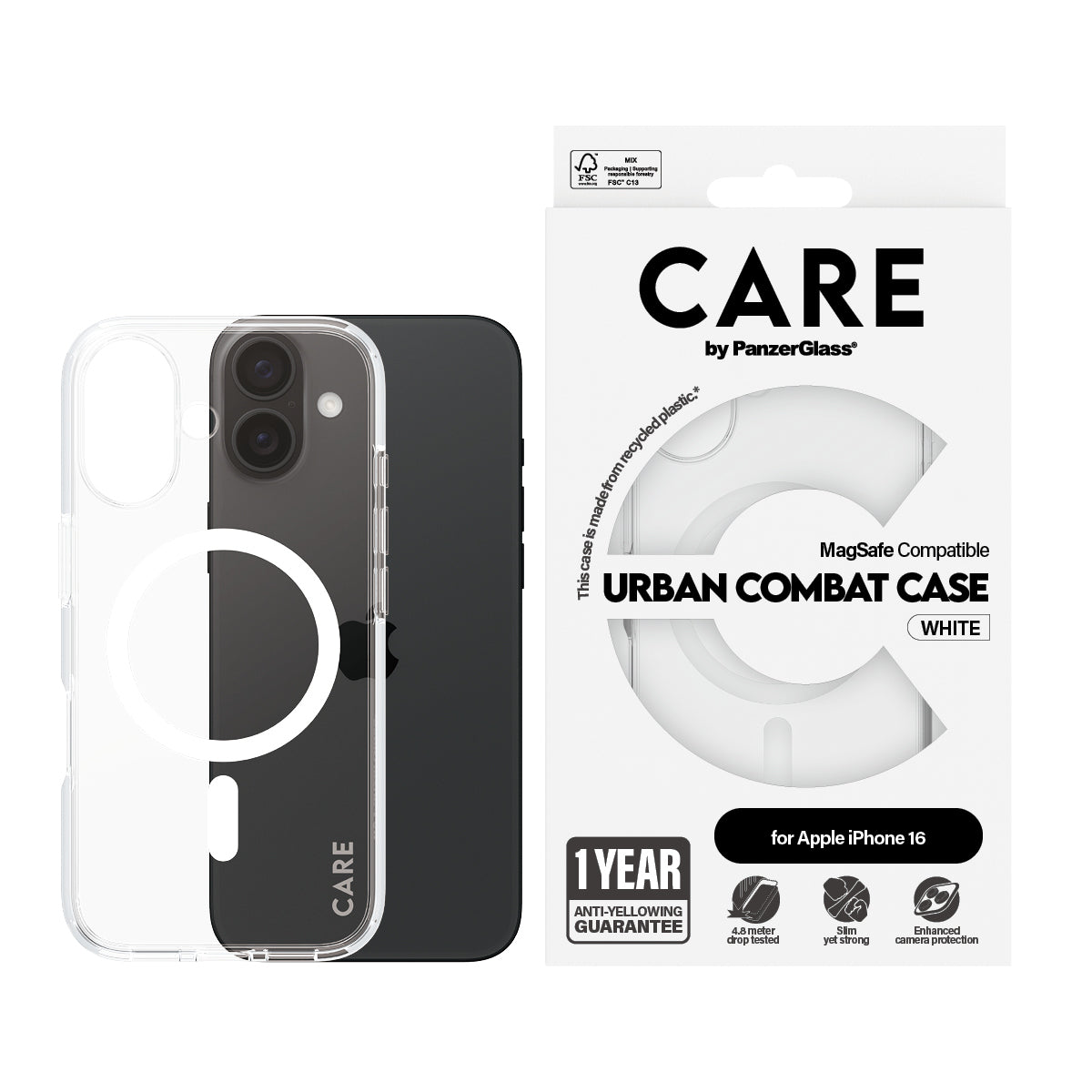 PanzerGlass CARE™ by ® Urban Combat Case Transparent w. White MagSafe iPhone 16 coque de protection pour téléphones portables Housse