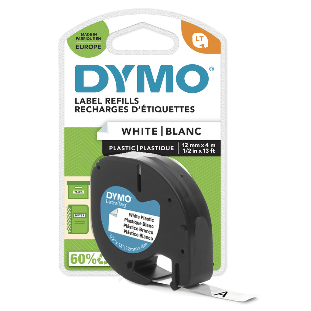 DYMO LetraTag Étiquettes en Plastique Authentique | 12 mm x 4 m | Noir sur Blanc | Étiquettes autocollantes pour étiqueteuse LetraTag | Lot de 1