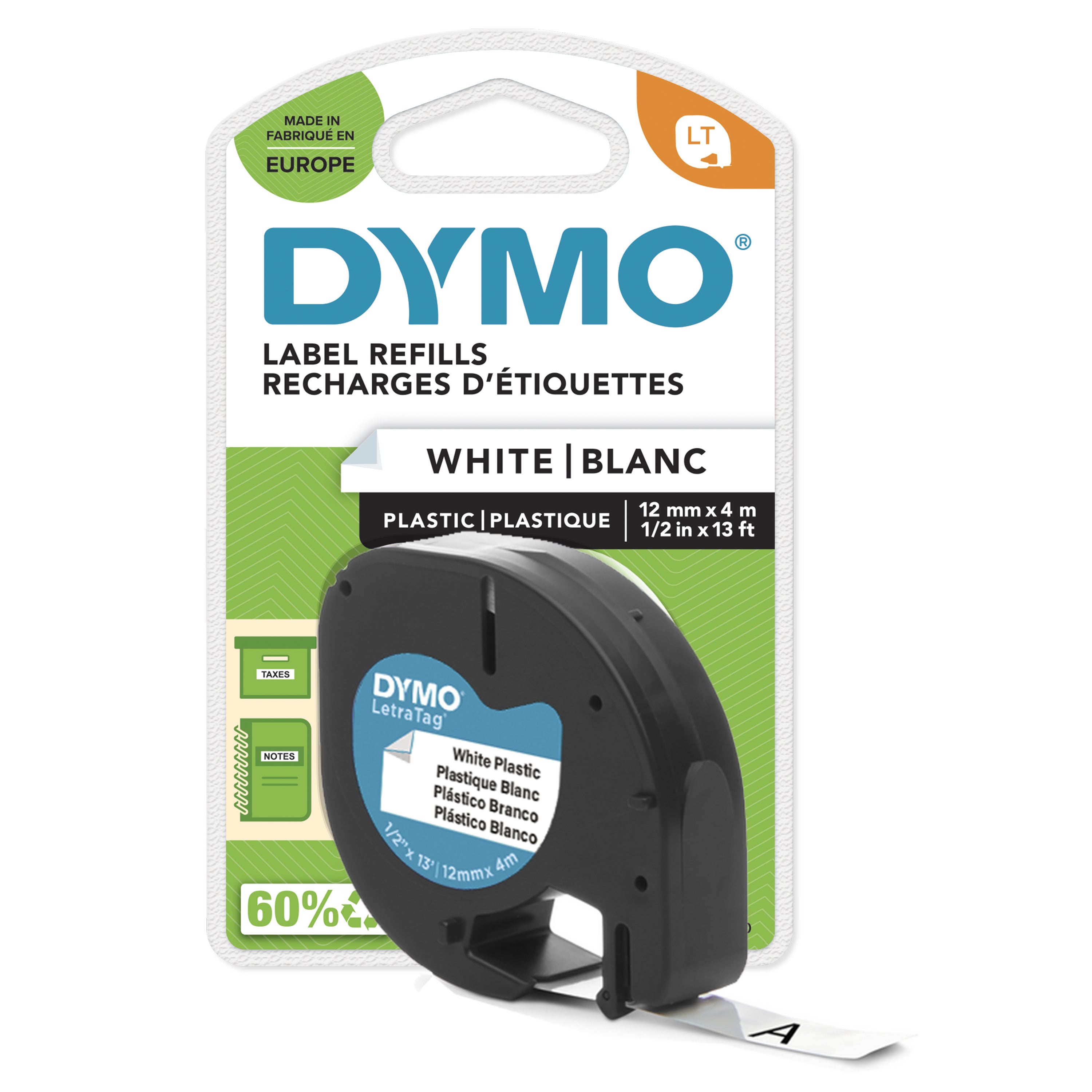 DYMO LetraTag Étiquettes en Plastique Authentique | 12 mm x 4 m | Noir sur Blanc | Étiquettes autocollantes pour étiqueteuse LetraTag | Lot de 1