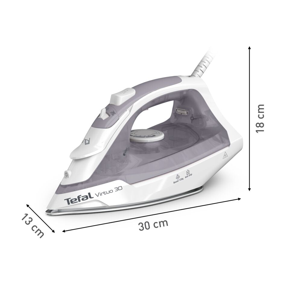 Tefal Virtuo 30 FV2C43E0 fer à repasser Fer à repasser à sec ou à vapeur Semelle en céramique 2000 W Gris, Blanc