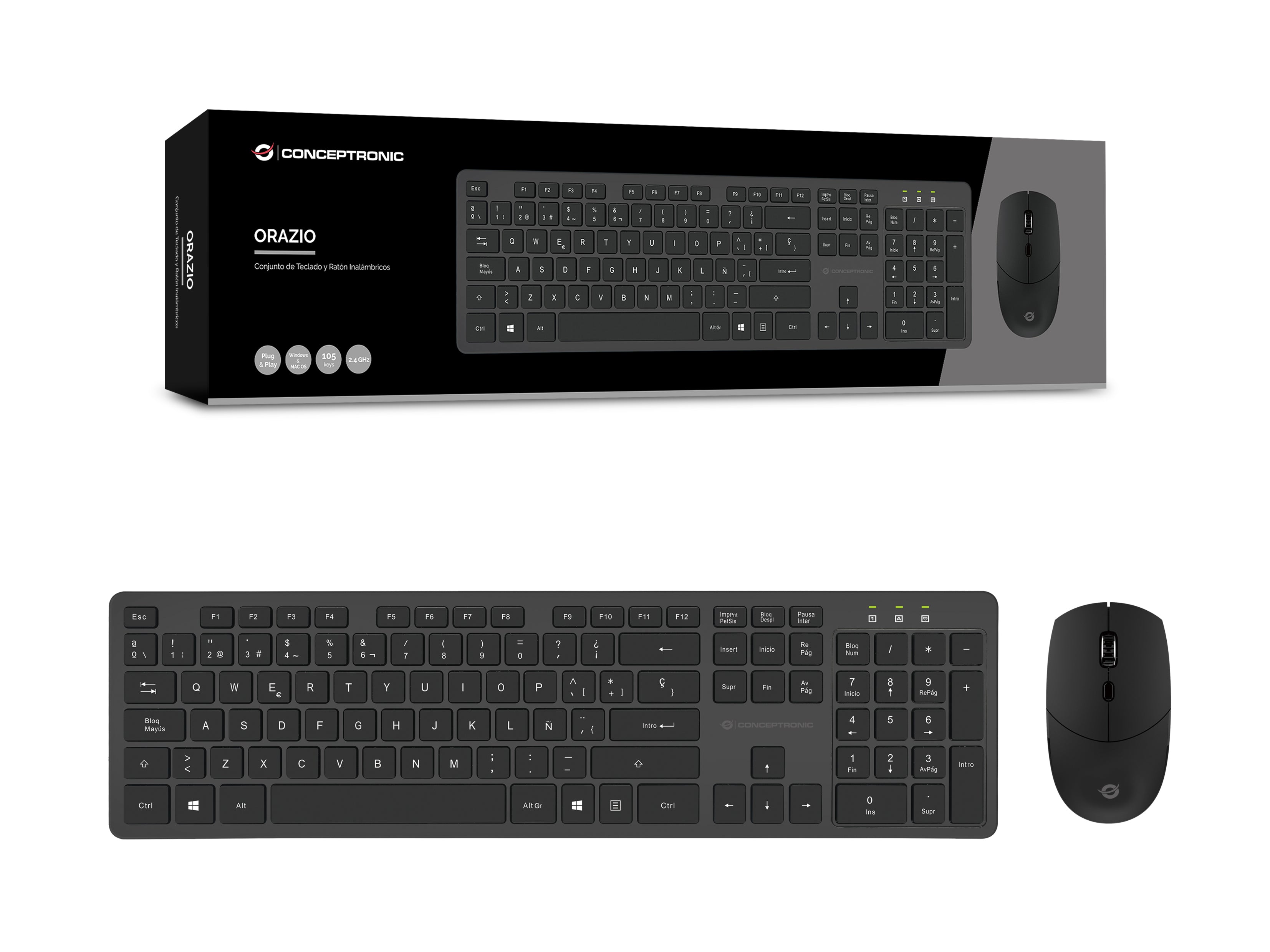 Conceptronic ORAZIO01ES clavier Souris incluse Bureau RF sans fil QWERTY Espagnole Noir