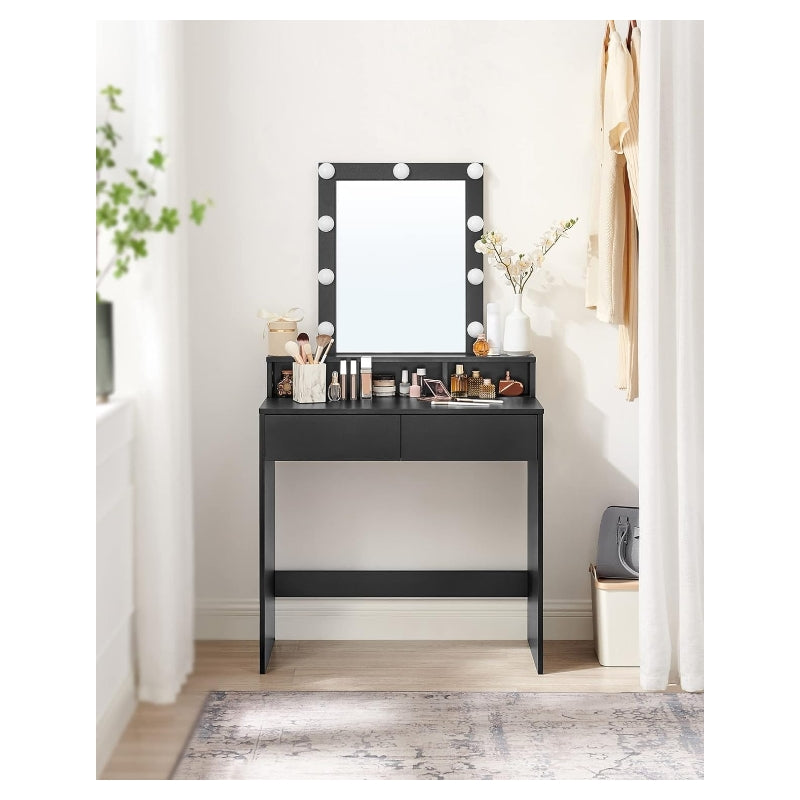 JOYFURNOS Coiffeuse avec LED réglable, miroir intégré, 2 tiroirs et 3 compartiments ouverts - noir moderne