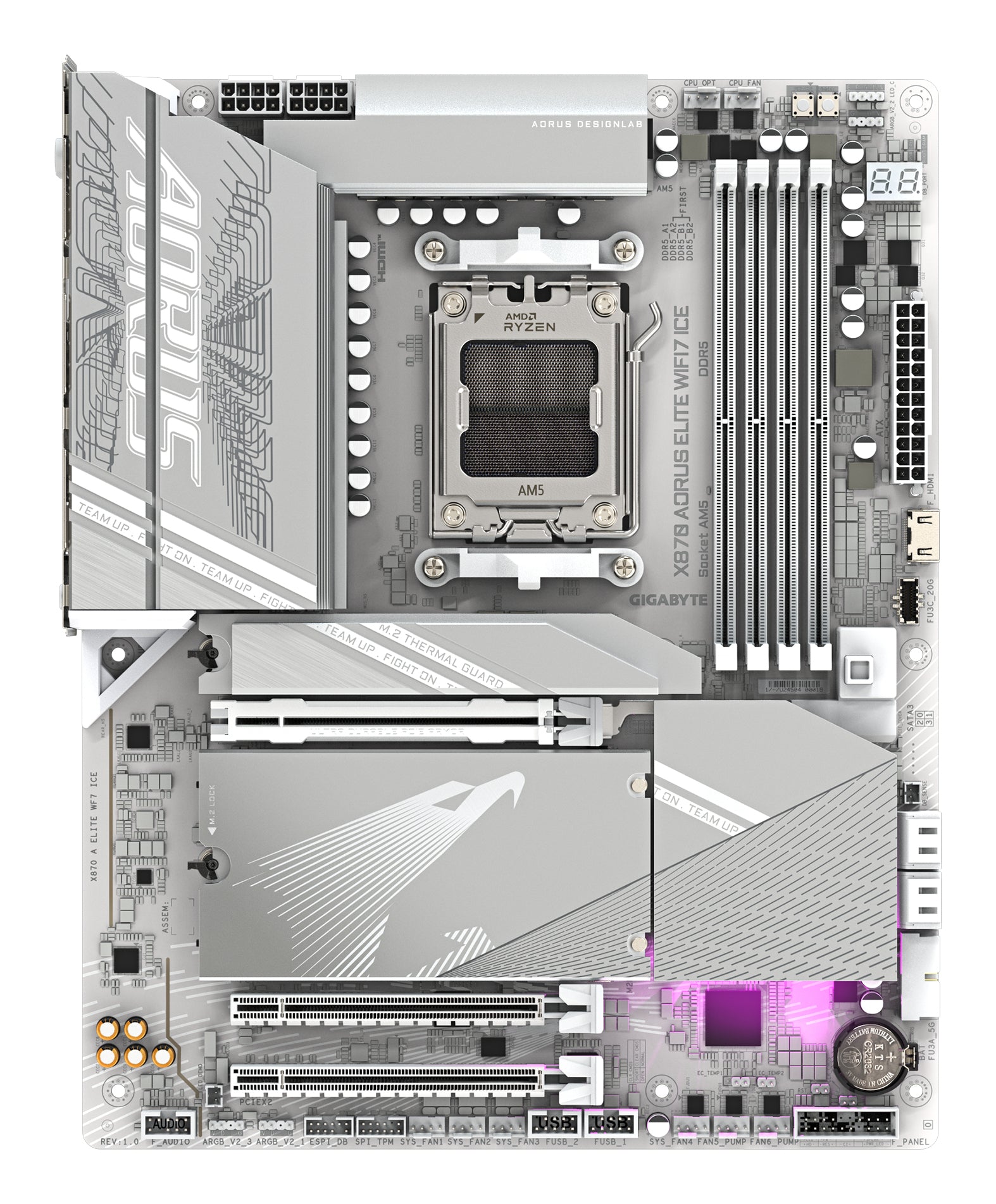 GIGABYTE X870 AORUS ELITE WIFI7 ICE Carte Mère - Prend en charge les processeurs AMD Ryzen 9000, 16+2+2 phases VRM numérique, jusqu'à 8200MHz DDR5 (OC), 3xPCIe 5.0 + 1xPCIe 4.0