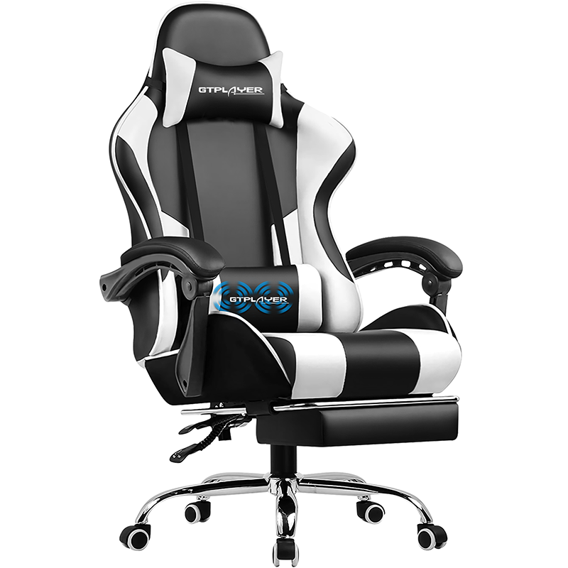 GTPlayer Chaise de jeu, Chaise de bureau avec repose-pieds massant, Appui-tête confortable, Réglable en hauteur, Conception ergonomique, Simili-cuir, Blanc, 51 x 52 x 135 cm