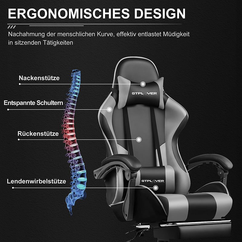 GTPLAYER Chaise gaming en similicuir avec hauteur d’assise et dossier réglables gris - 51 x 52 x 135 cm