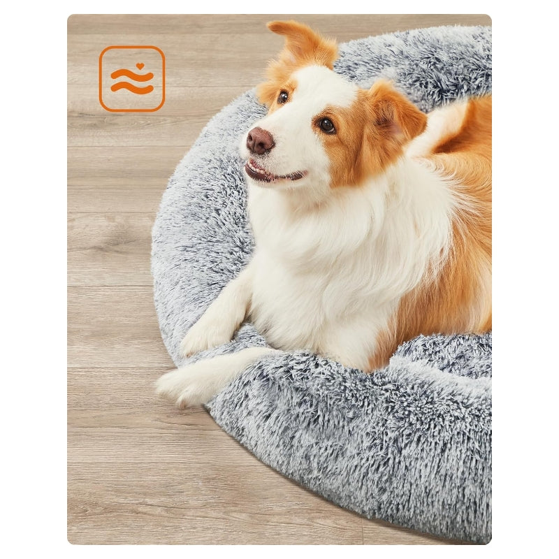 Feandrea Panier pour Chien, Lit Ronde en Forme de Beignet, Canapé, Coussin Central Amovible et Lavable, Tissu Peluche Doux, ?100 cm, Gris Ombré PGW042G01