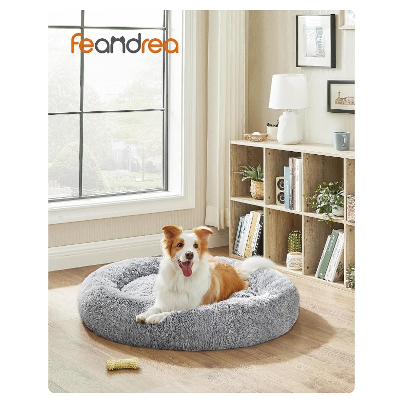Feandrea Panier pour Chien, Lit Ronde en Forme de Beignet, Canapé, Coussin Central Amovible et Lavable, Tissu Peluche Doux, ?100 cm, Gris Ombré PGW042G01