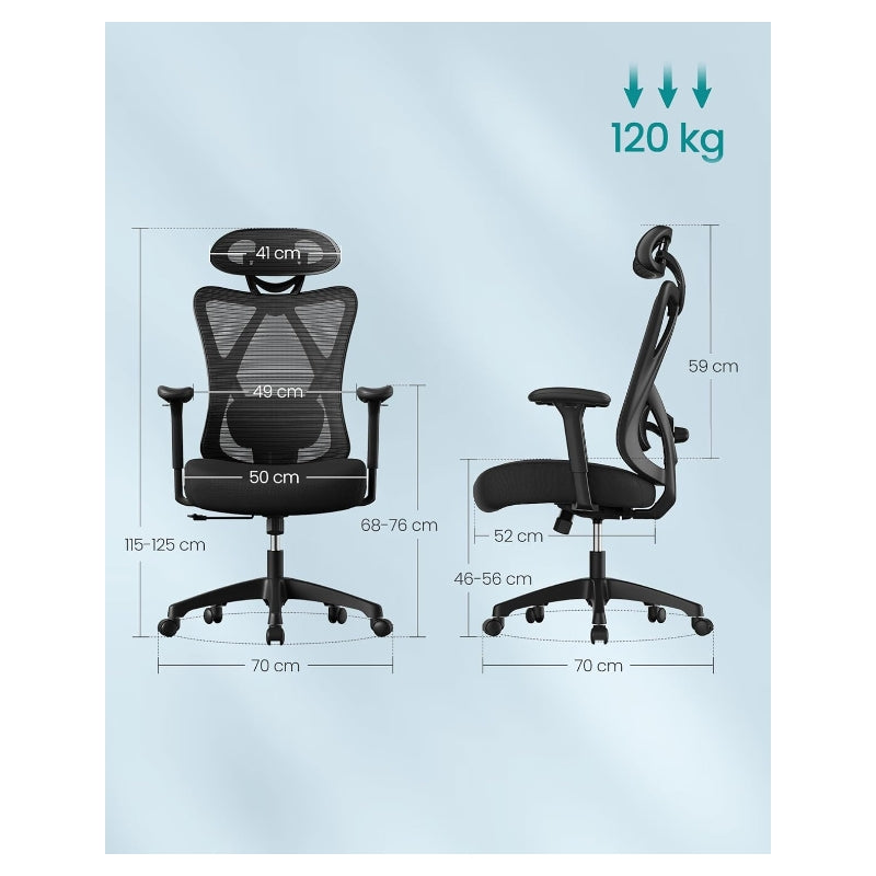 Chaise de bureau ergonomique en maille, Coussin lombaire réglable, Charge maximale 150 kg, Hauteur réglable, Noir encre
