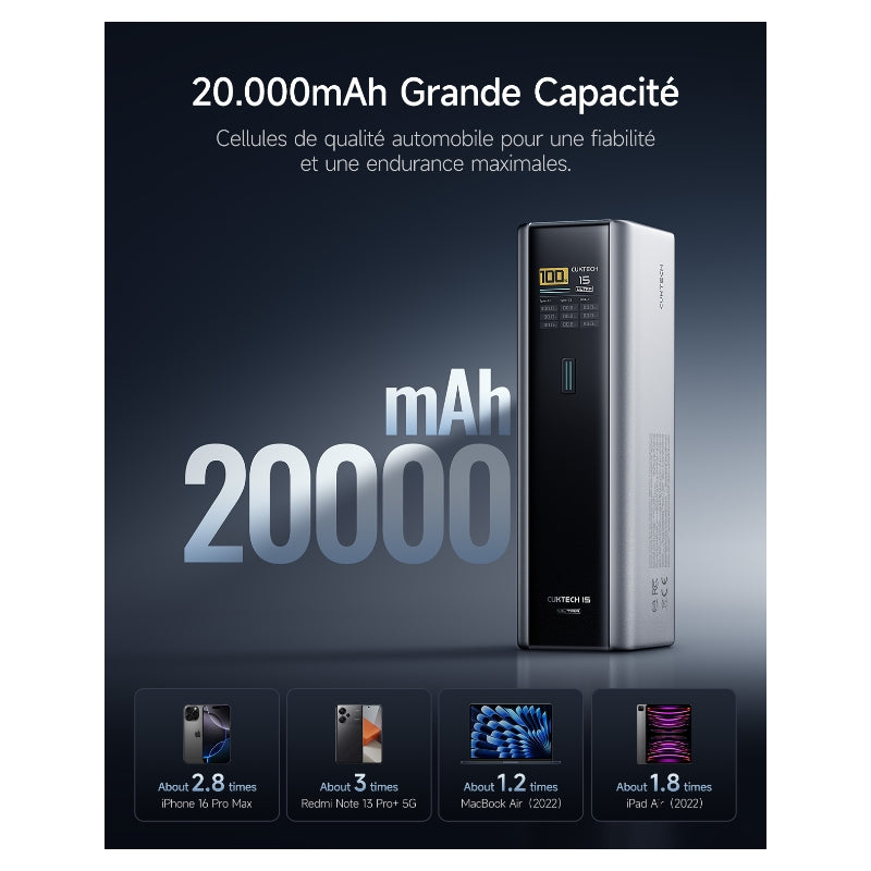 CUKTECH 15 Ultra PB200U Batterie externe à charge rapide 20000 mAh 140 W USB-C 3 ports PD 3.1 pour PC portable - Gris