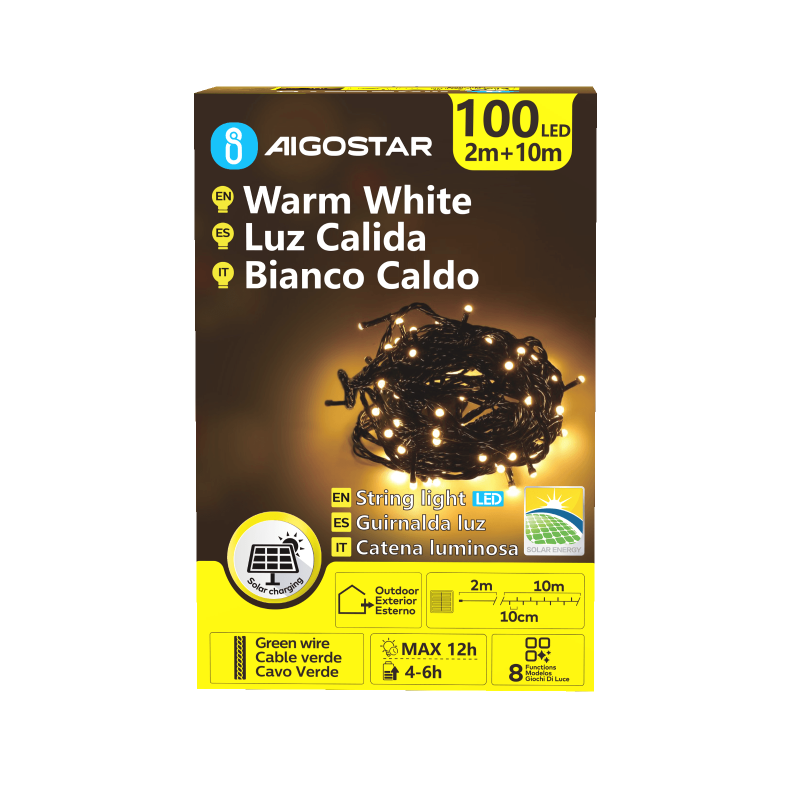Aigostar SunGlow Flat - Guirlande lumineuse solaire - 100 LED, blanc chaud, 8 modes, IP65, classique