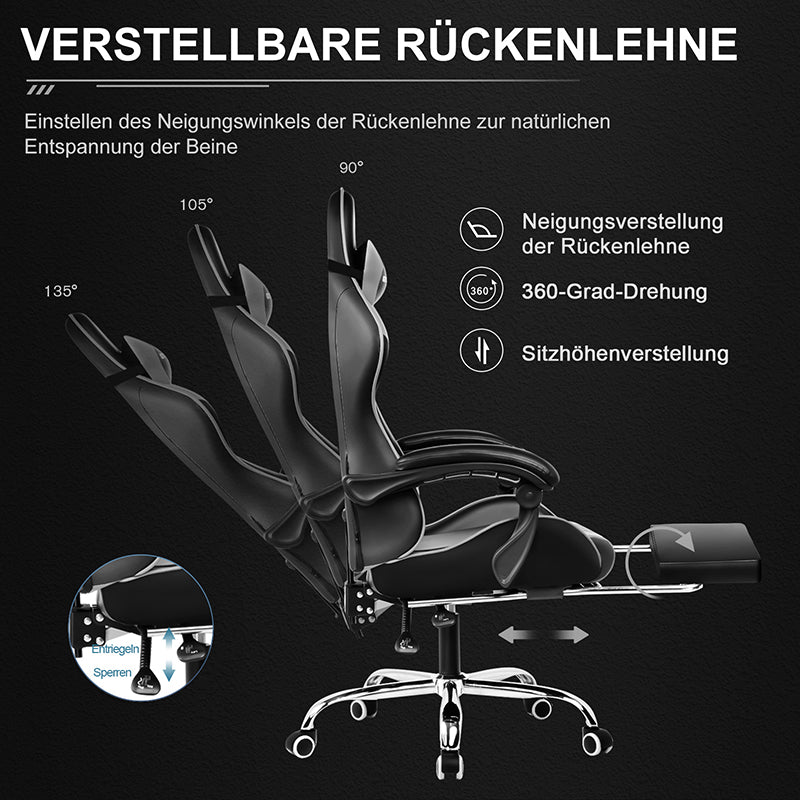 GTPLAYER Chaise gaming en similicuir avec hauteur d’assise et dossier réglables gris - 51 x 52 x 135 cm
