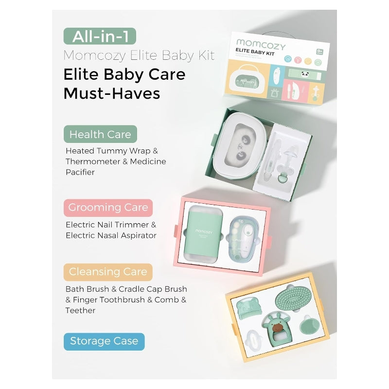 Momcozy Elite Kit de soins bébé avec lime à ongles électrique, aspirateur nasal, bande chauffante, thermomètre et plus, cadeaux pour maman