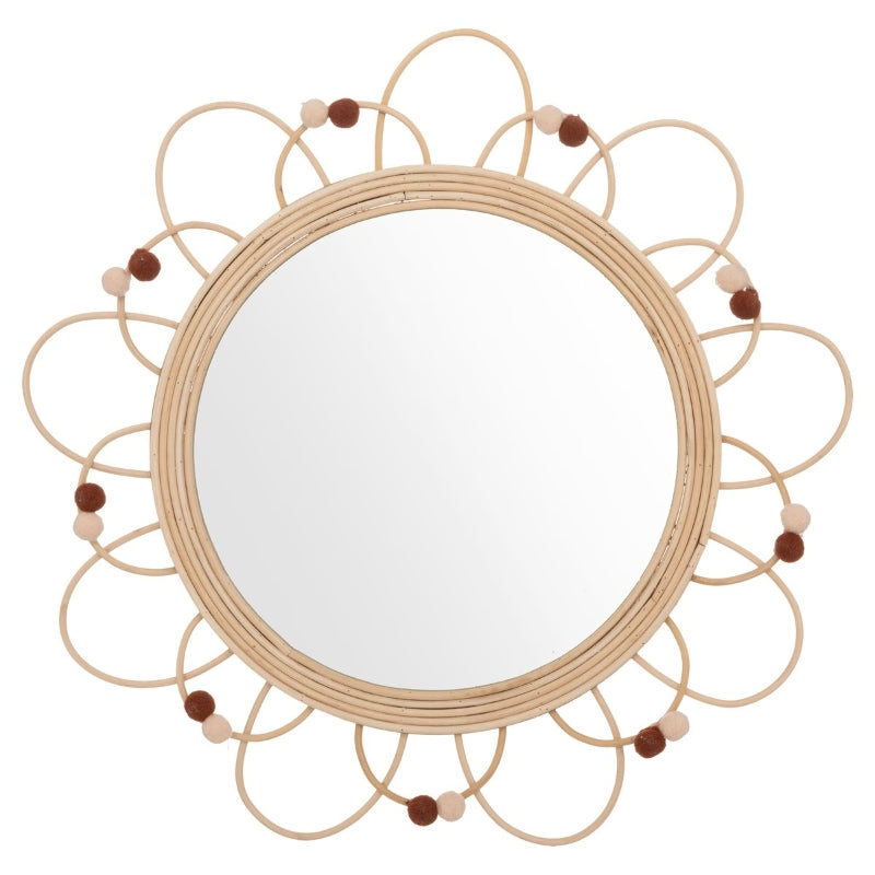 Atmosphera Week-end à la campagne Miroir diamètre 38 cm en Rotin avec Pompons