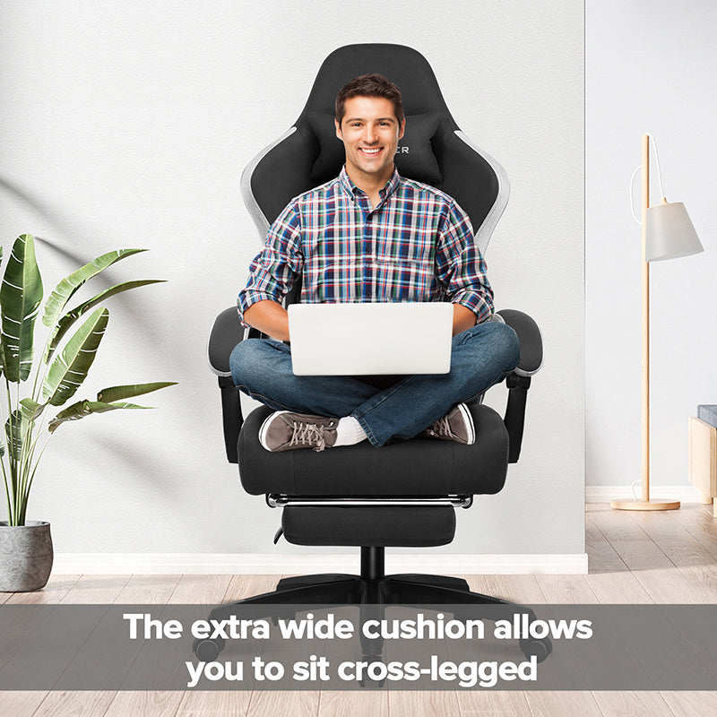 GTPlayer Chaise de jeu ergonomique avec revêtement en tissu, Coussin d’assise à ressorts et repose-pieds, Noir, Tissu noir, 55 x 50 x 130 cm, Vérin à gaz de sécurité hauteur 10 cm pour réglage facile