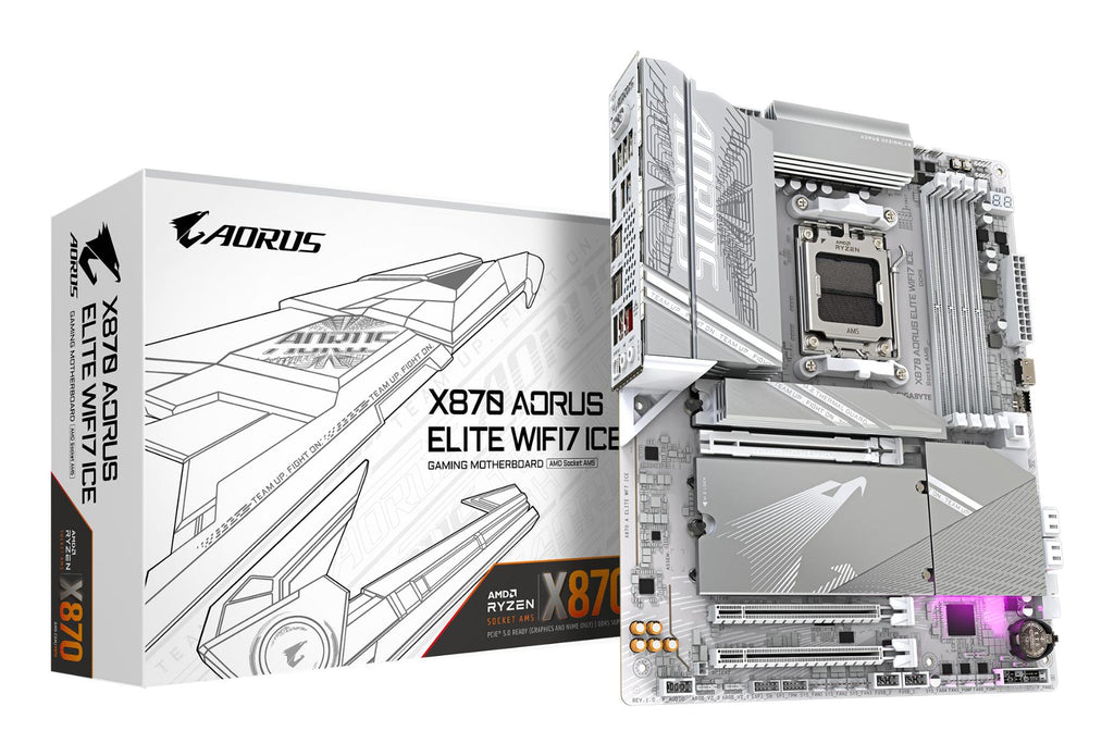 GIGABYTE X870 AORUS ELITE WIFI7 ICE Carte Mère - Prend en charge les processeurs AMD Ryzen 9000, 16+2+2 phases VRM numérique, jusqu'à 8200MHz DDR5 (OC), 3xPCIe 5.0 + 1xPCIe 4.0