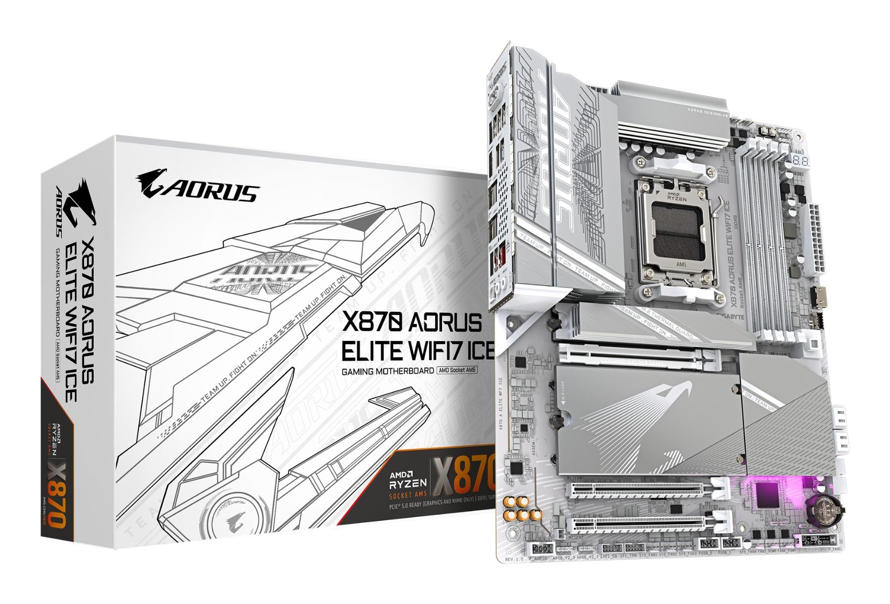 GIGABYTE X870 AORUS ELITE WIFI7 ICE Carte Mère - Prend en charge les processeurs AMD Ryzen 9000, 16+2+2 phases VRM numérique, jusqu'à 8200MHz DDR5 (OC), 3xPCIe 5.0 + 1xPCIe 4.0