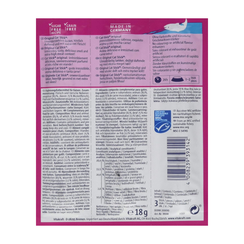 Vitakraft Friandises pour chat adulte bâtonnets au saumon - 3 x 18 g