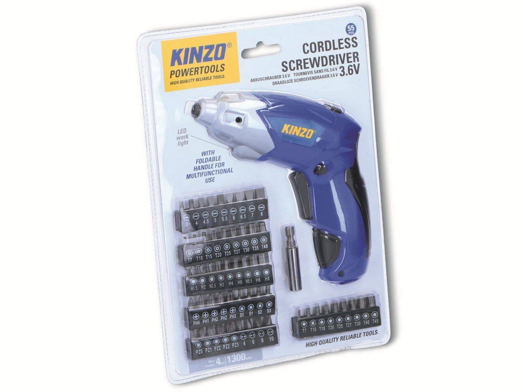 Kinzo Tournevis électrique avec jeu d'embouts - Batterie - 54 embouts - Incluant embouts à fente, Torx, Phillips, Pozidriv et Allen - 3,6 V