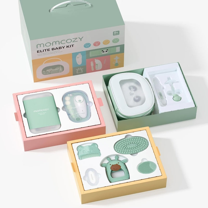 Momcozy Elite Kit de soins bébé avec lime à ongles électrique, aspirateur nasal, bande chauffante, thermomètre et plus, cadeaux pour maman