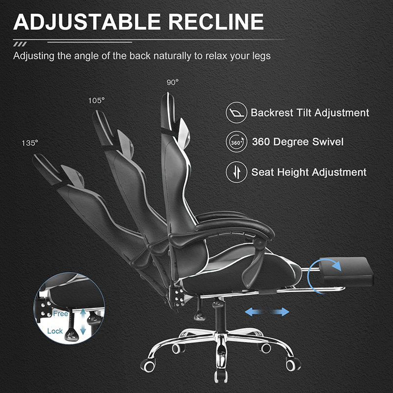 GTPlayer Chaise de jeu, Chaise de bureau avec repose-pieds massant, Appui-tête confortable, Réglable en hauteur, Conception ergonomique, Simili-cuir, Blanc, 51 x 52 x 135 cm