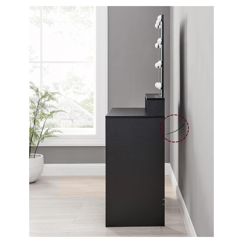 JOYFURNOS Coiffeuse avec LED réglable, miroir intégré, 2 tiroirs et 3 compartiments ouverts - noir moderne