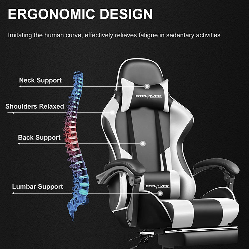 GTPlayer Chaise de jeu, Chaise de bureau avec repose-pieds massant, Appui-tête confortable, Réglable en hauteur, Conception ergonomique, Simili-cuir, Blanc, 51 x 52 x 135 cm