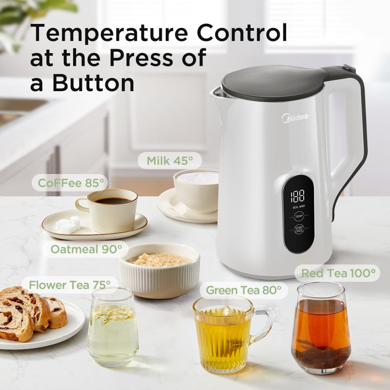Midea Bouilloire 1,5 L en acier inoxydable, réglage de température variable 45-100 °C, 2200 W, double paroi, affichage numérique de la température, sans BPA et protections multiples