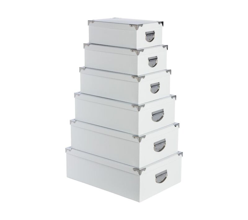 5five Lot de 6 boîtes de rangement, blanc uni, carton et métal, L 32 x l 21,5 x H 11,8 cm (Plus petite)