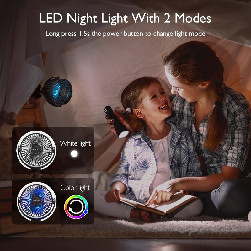 Momcozy Ventilateur portable , batterie 8000 mAh, 27 h autonomie, 4 vitesses, rotation 360°, éclairage LED, noir Peut se fixer sur poussettes et vélos, se poser sur une table