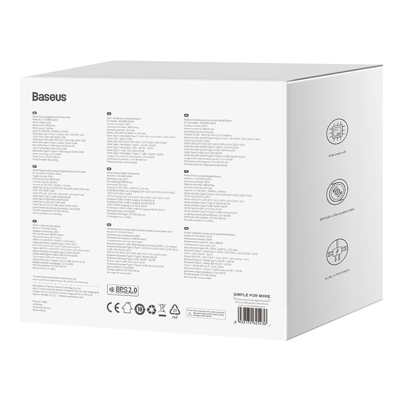Baseus PowerCombo Station de charge 2 prises AC + 1 prise USB + 1 prise C à cordon rétractable, 65 W avec cordon d’alimentation 1,5 m, norme UE - Noir