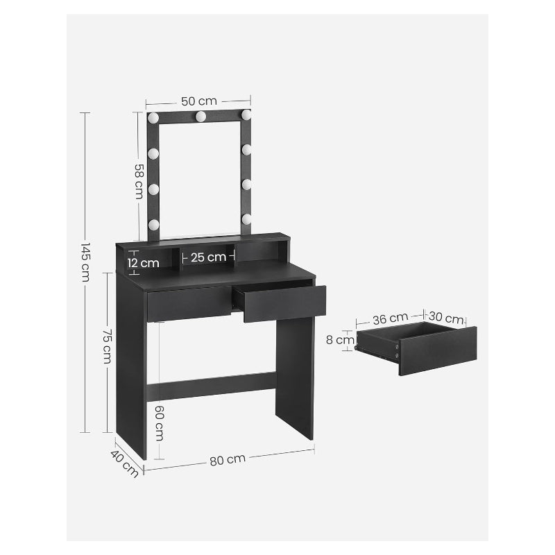 JOYFURNOS Coiffeuse avec LED réglable, miroir intégré, 2 tiroirs et 3 compartiments ouverts - noir moderne