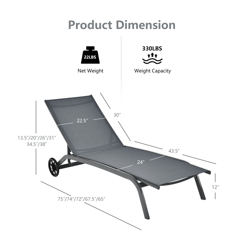 COSTWAY Chaise longue d'extérieur réglable 6 positions avec roulettes - Gris