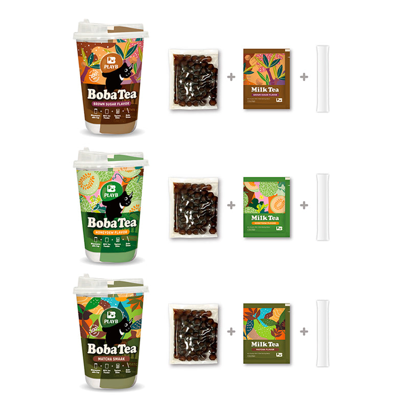 JENI PLAYB Boba Tea en gobelet, saveurs mixtes (matcha, melon miel, sucre roux) - 6 gobelets x 85g - 2 de chaque