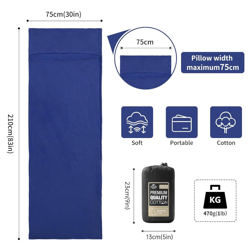 Naturehike Drap de sac de couchage de voyage léger en coton 210 x 75 cm avec emplacement pour oreiller