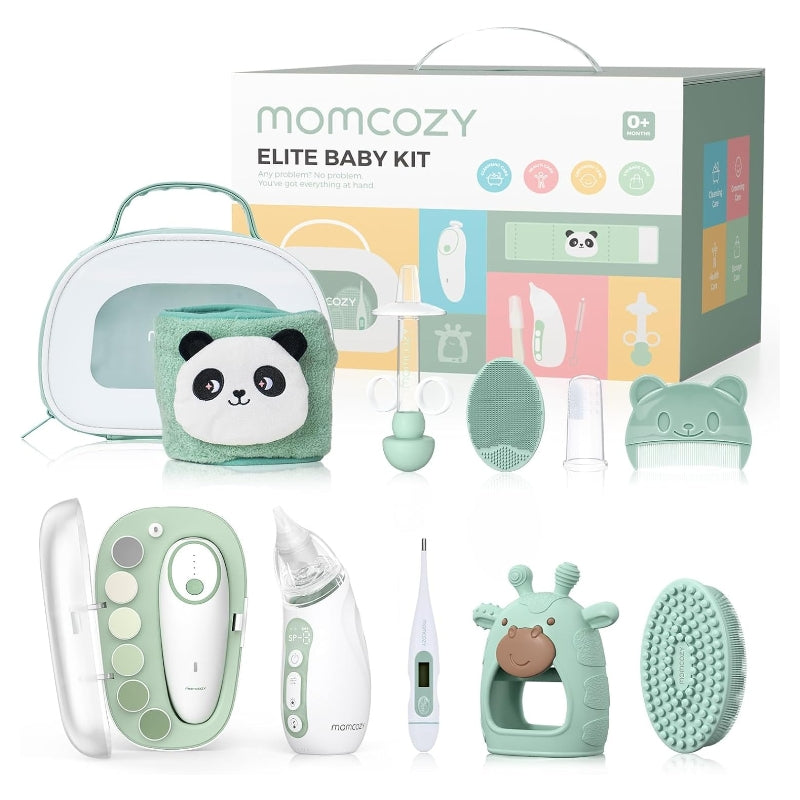 Momcozy Elite Kit de soins bébé avec lime à ongles électrique, aspirateur nasal, bande chauffante, thermomètre et plus, cadeaux pour maman