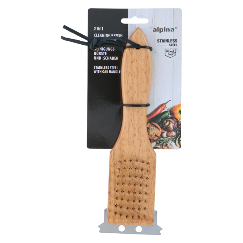 Alpina Brosse de nettoyage pour barbecue 2-en-1 en inox/chêne