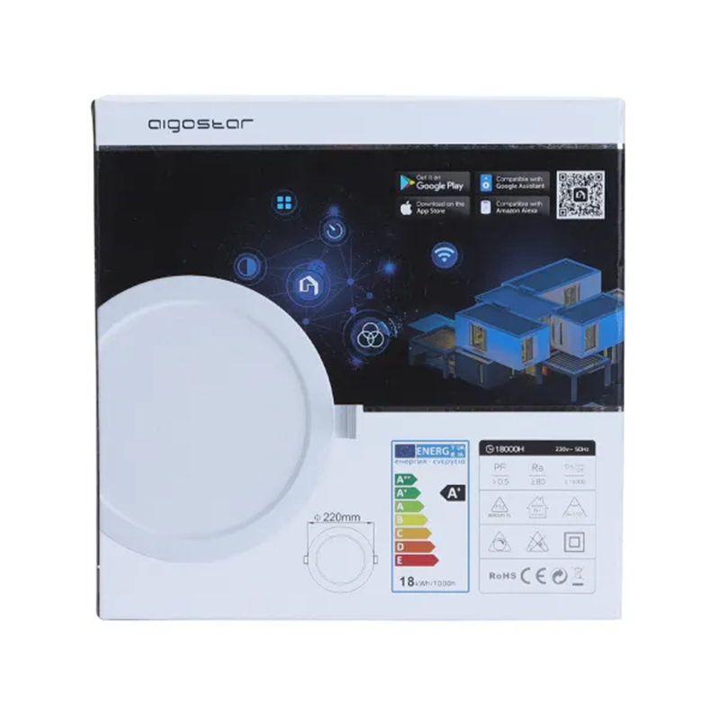 Aigostar Projecteur LED intelligent et fin Wi-Fi encastrable, 18 W, CCT 3000K-6500K, Ø 220 mm, 1380 lm