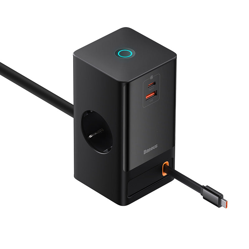 Baseus PowerCombo Station de charge 2 prises AC + 1 prise USB + 1 prise C à cordon rétractable, 65 W avec cordon d’alimentation 1,5 m, norme UE - Noir