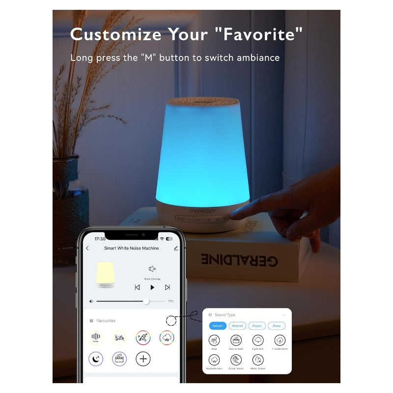 Momcozy Machine à sons, 34 Sons relaxants, Veilleuse 7 couleurs, Rechargeable USB avec Contrôle par application, Pour bébés, enfants et adultes, Cadeaux pour maman