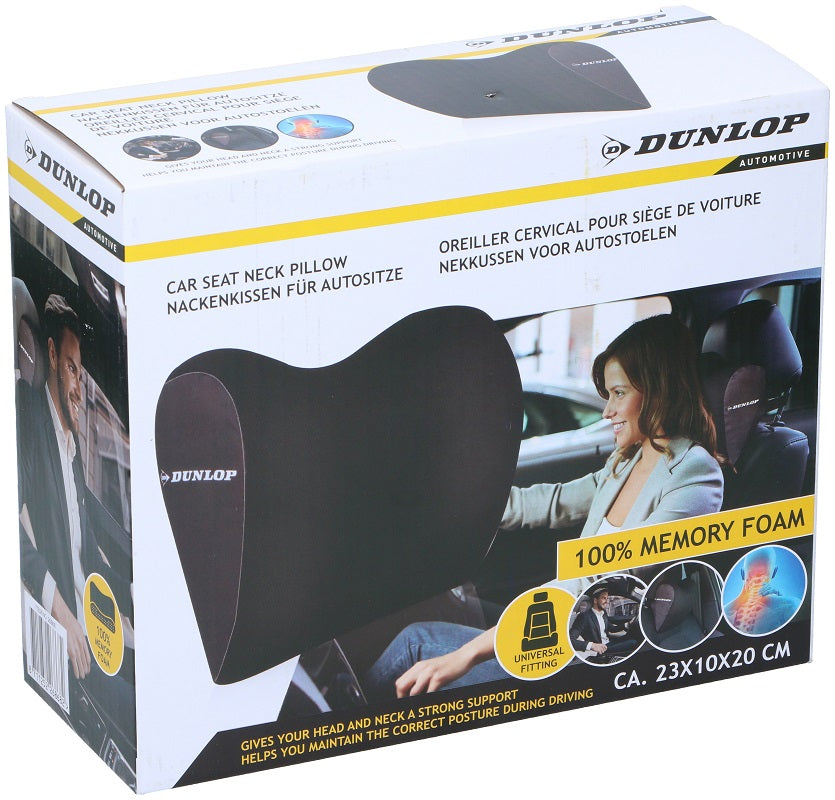 Dunlop Coussin cervical pour siège de voiture, soutien de la nuque, 100 % mousse à mémoire de forme, ajustement universel, 23 x 10 x 20 cm, noir