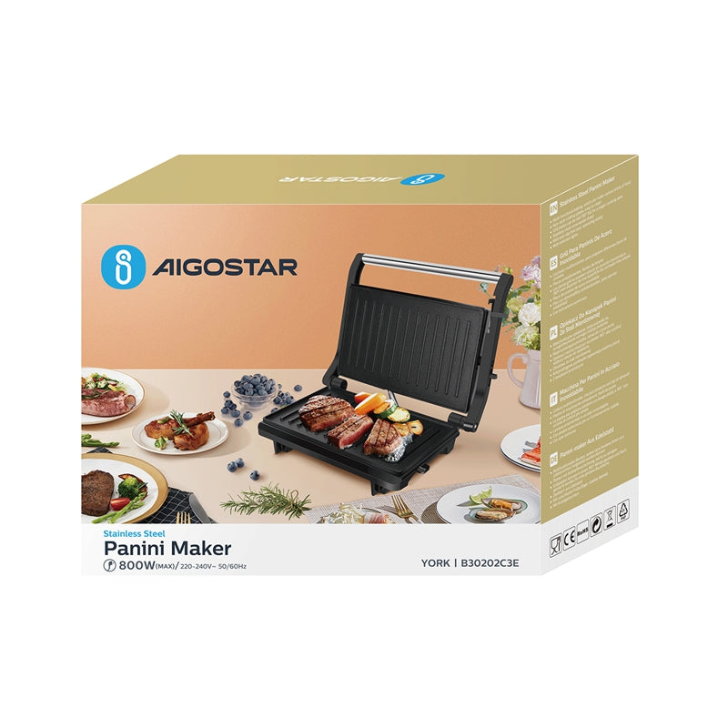 Aigostar Appareil à panini et grill de contact antiadhésif 800 W Argent et Noir prise VDE