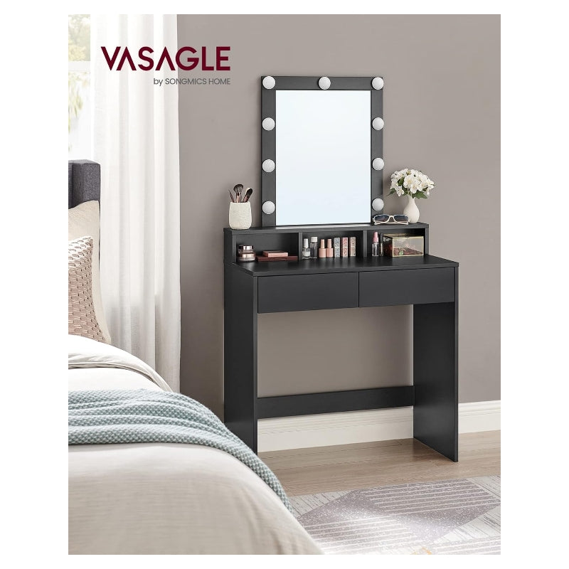 JOYFURNOS Coiffeuse avec LED réglable, miroir intégré, 2 tiroirs et 3 compartiments ouverts - noir moderne