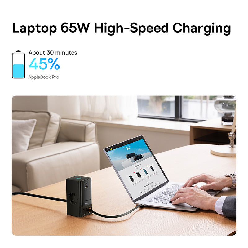 Baseus PowerCombo Station de charge 2 prises AC + 1 prise USB + 1 prise C à cordon rétractable, 65 W avec cordon d’alimentation 1,5 m, norme UE - Noir