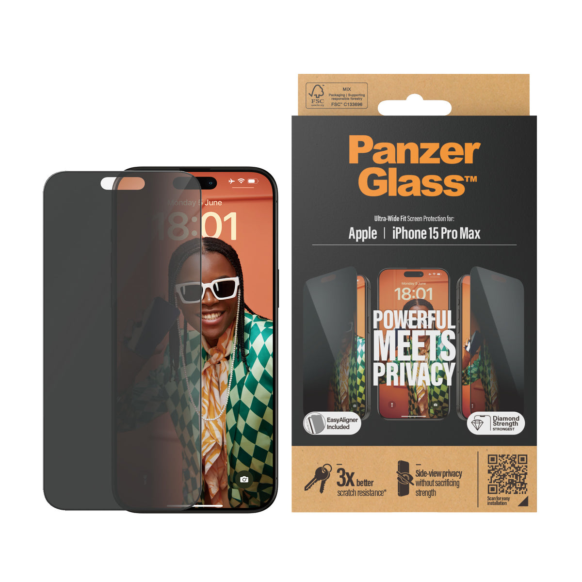 PanzerGlass Protection d'écran de Confidentialité pour iPhone 15 Pro Max, Ultra-Wide Fit avec EasyAligner