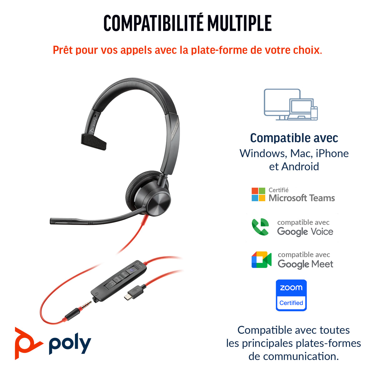 HP Poly Micro-casque Poly Blackwire 3315 monaural USB-C + connexion 3,5 mm + adaptateur USB-C/A