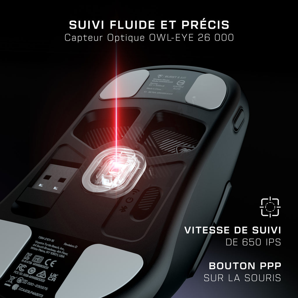 Turtle Beach Burst II Air - Souris gaming sans fil 2,4 GHz : ultralégère avec 47 g, touches optiques, symétrique, capteu